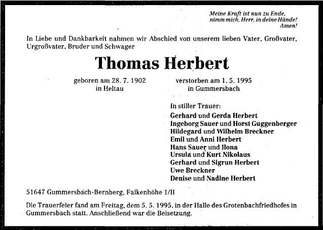 Herbert Thomas 1902-1995 Todesanzeige